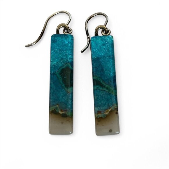 Handcrafted Phoenix Stone Rectangular Drop Earrings Blue Green Silver Hooks - Picture 5 of 14